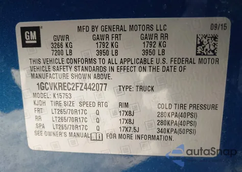 2015 Chevrolet Silverado 1500 1Lt из США, поврежденный, VIN 1GCVKREC2FZ442077